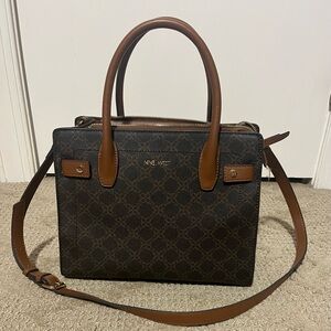 Nine West Dark Brown Monogram Satchel with Tan Handles